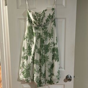 David’s Bridal green and white floral bubble hem strapless dress